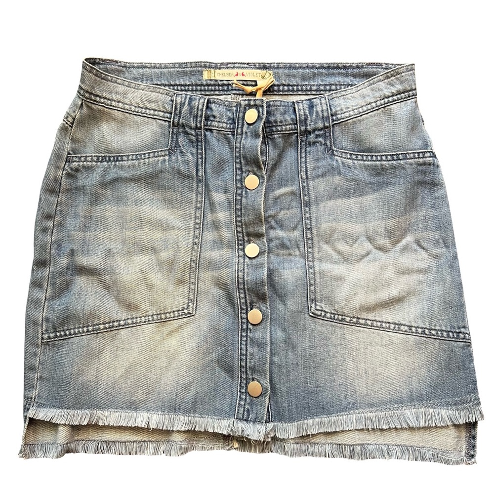 NWT Chelsea & Violet Blue Denim Mini Skirt Fringe Hem